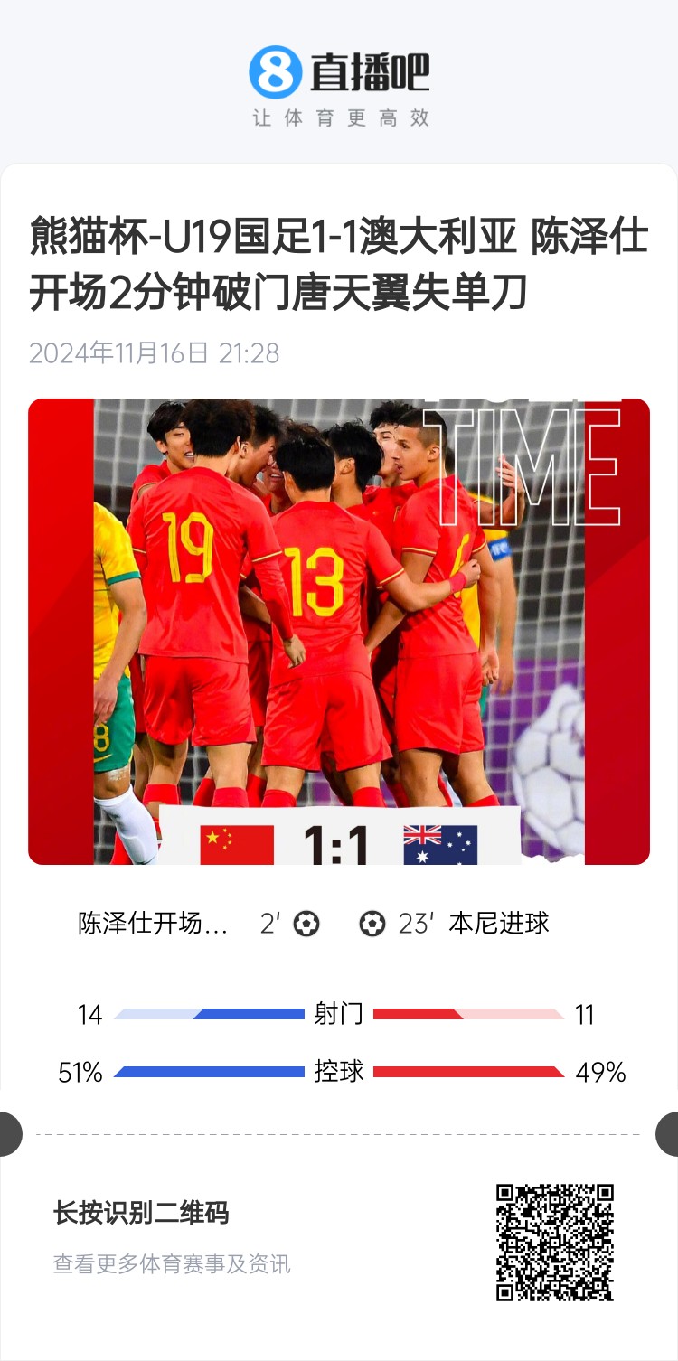  二番戰(zhàn)！U20國青與澳大利亞去年熊貓杯剛有過交手，雙方1-1戰(zhàn)平