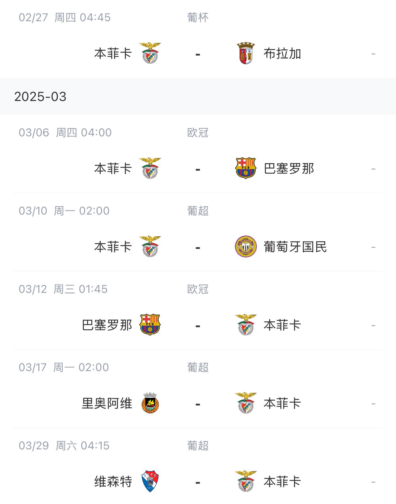  讓路歐冠！本菲卡戰(zhàn)巴薩首回合比賽前的葡超比賽推遲進行